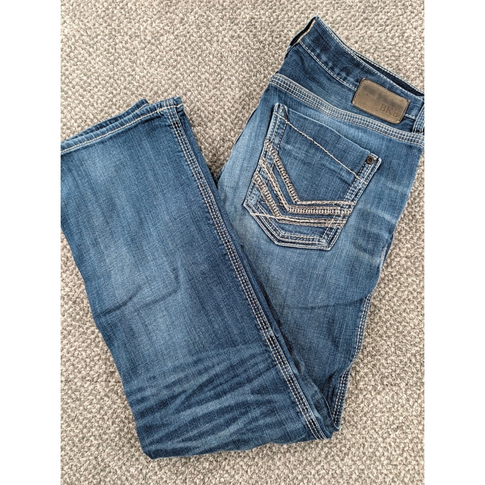 BKE Jake Straight Leg Jeans Mens 33R Medium Wash Denim Blue Contrast Stitch